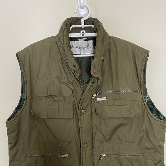 Vtg Windbreaker Army Green Flannel Lined Hunting Field Vest Packable Hood 80s L - Picture 2 of 10
